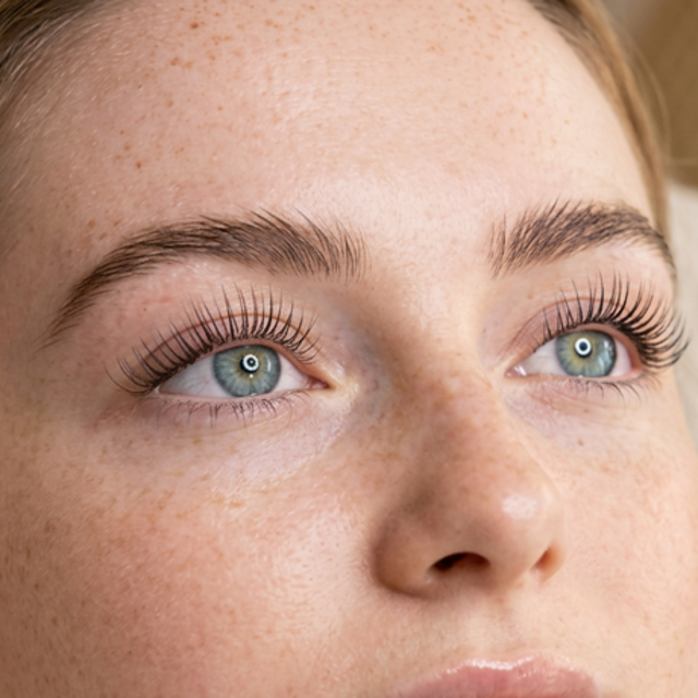 Close-up of a model with lifted and tinted lashes